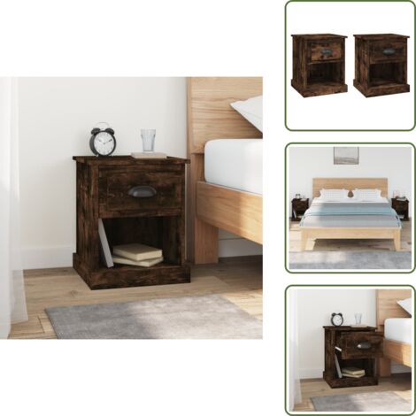 Mesita de noche moderna - vidaXL Mesita noche 2 uds madera contrachapada roble humo 39x39x47,5cm - Mesita de noche con cajón