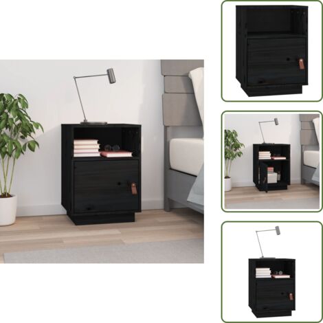 Mesita de noche negra - vidaXL Mesita de noche madera maciza de pino negro 40x34x55 cm - Mesita de noche con puerta