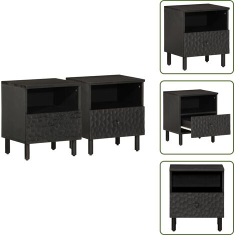 Mesita de noche negra - vidaXL Mesitas de noche 2 uds madera maciza de mango negro 40x33x46 cm - Mesita de noche con cajón