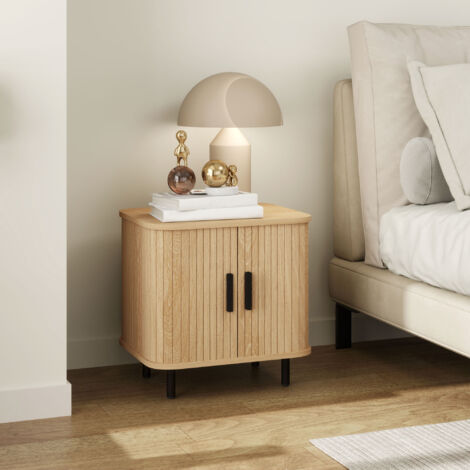 Mesita de Noche para Dormitorio con Puertas Correderas 2 Estantes y Patas de Acero Estilo Escandinavo 48x40x48 cm Roble