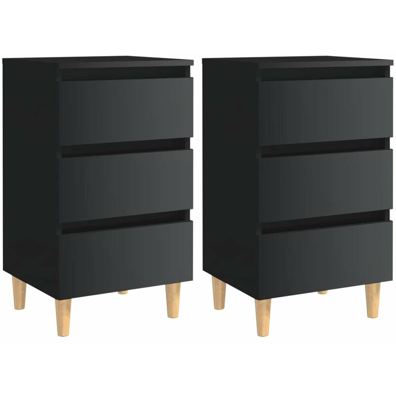 

Happyshopping - Mesita de noche patas madera 2 uds negro brillante 40x35x69 cm