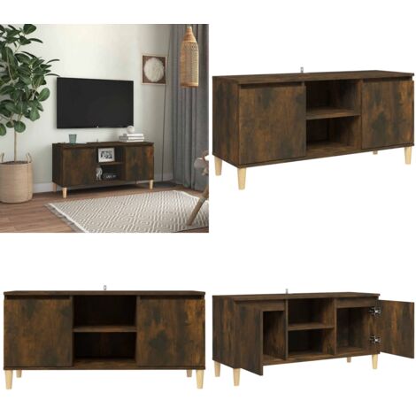 Mesita de noche patas madera maciza roble ahumado 103,5x35x50cm - Mesita de noche con estantes - Mesita de noche de madera