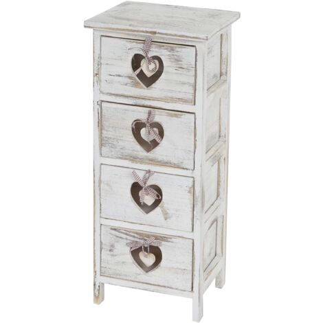 Mesita de noche pequeña con almacenaje 4 cajones con estampado de corazones 70x29x25cm estilo vintage blanco 040002529