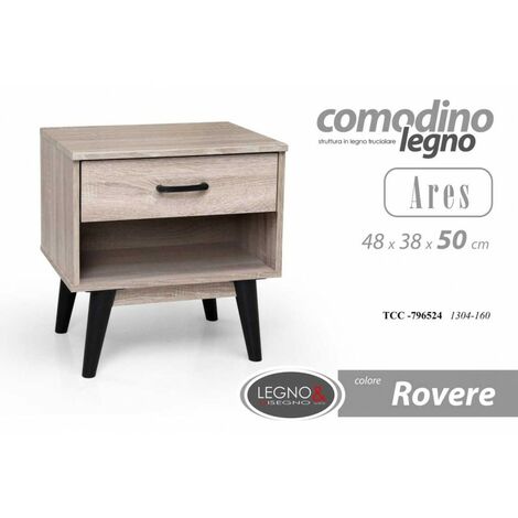 Mesita de noche roble alto pies negros Un cajón y compartimento cm 48 x 38 x 50 h