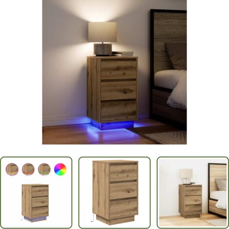 Mesita de noche roble -  Mesilla de noche con luces LED roble artesanal 38x34x65 cm