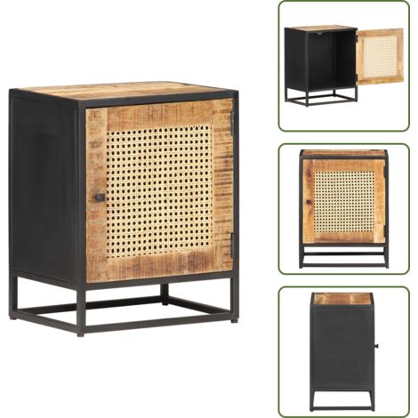 Mesita de noche rústica - vidaXL Mesita de noche madera de mango rugosa caña natural 40x30x50cm - Mesita de noche con caña