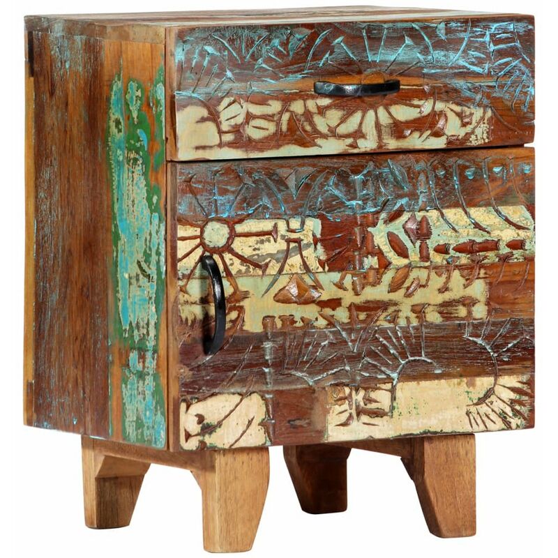 

Mesita de noche tallada a mano madera reciclada 40x30x50 cm