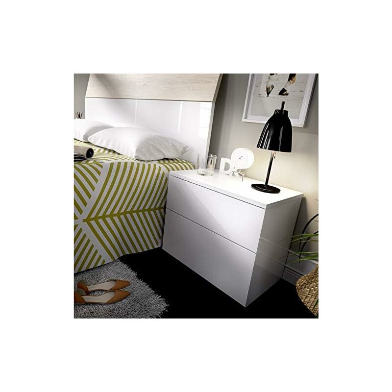 

Mesita Moderna de Noche blanca. Medidas: alto 42cm. ancho 52cm. fondo 34cm.