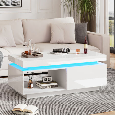Mesita rectangular blanca con iluminación LED y cajón, 100x50x40,3 cm