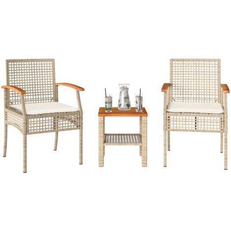 Mesita y sillas con cojines 3 pzas ratán PE madera acacia beige vidaXL