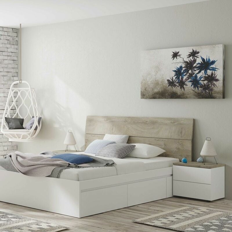 Tête de lit Aikos avec 2 tables d'appoint 256 cm (largeur) x 96 cm (hauteur) x 34 cm (profondeur) - Artik Blanc - Chêne d'Alaska