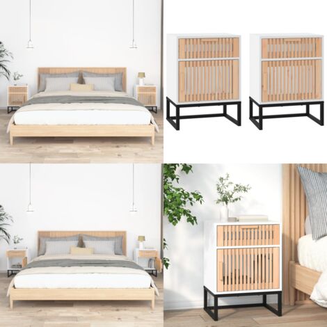 Mesitas de noche 2 uds hierro y madera blanco 40x30x55,5 cm - Mesita de noche escandinava - Mesita de noche de madera