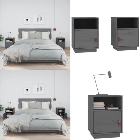 Mesitas de noche 2 uds madera maciza de pino gris 40x34x55 cm - Mesita de noche de madera - Mesita de noche gris