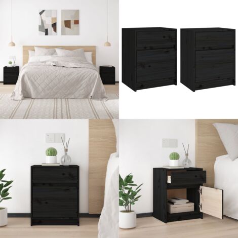 Mesitas de noche 2 uds madera maciza pino negro 40x31x50 cm - Mesita de noche de madera - Mesita de noche de pino