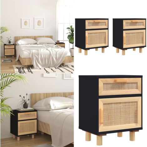 Mesitas de noche 2 uds madera maciza pino negro ratán natural - Mesitas de noche - Mesita de noche de madera