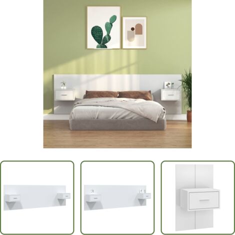 Mesitas de noche -  Cabecero de cama con mesitas madera contrachapada blanco