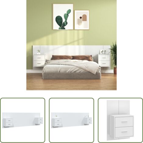 Mesitas de noche -  Cabecero de cama con mesitas madera contrachapada blanco