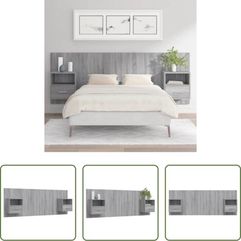 Mesitas de noche -  Cabecero de cama con mesitas madera contrachapada gris Sonoma