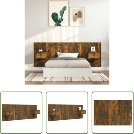 Mesitas de noche -  Cabecero de cama con mesitas madera contrachapada roble ahumado