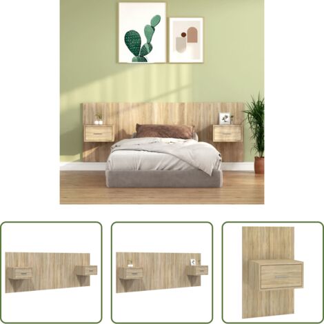 Mesitas de noche -  Cabecero de cama con mesitas madera contrachapada roble Sonoma