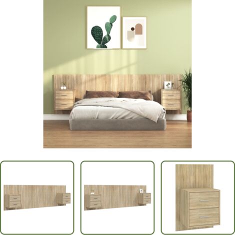Mesitas de noche -  Cabecero de cama con mesitas madera contrachapada roble Sonoma