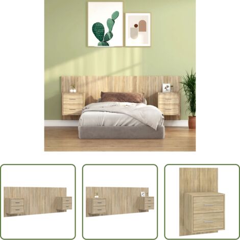 Mesitas de noche -  Cabecero de cama con mesitas madera contrachapada roble Sonoma
