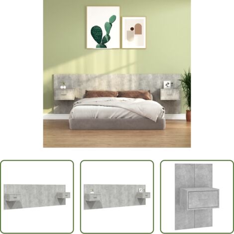 Mesitas de noche -  Cabecero de cama y mesitas madera contrachapada gris hormigón