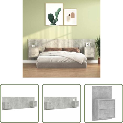 Mesitas de noche -  Cabecero de cama y mesitas madera contrachapada gris hormigón