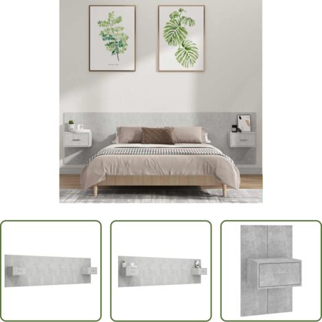 Mesitas de noche -  Cabecero de cama y mesitas madera contrachapada gris hormigón