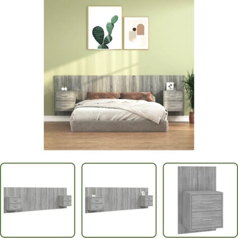 Mesitas de noche -  Cabecero de cama y mesitas madera contrachapada gris Sonoma