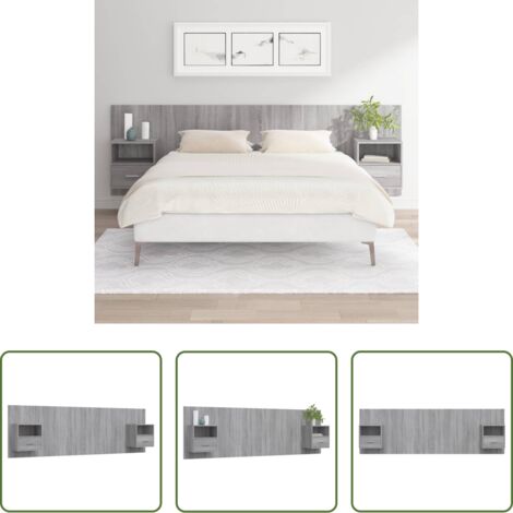 Mesitas de noche -  Cabecero de cama y mesitas madera contrachapada gris Sonoma