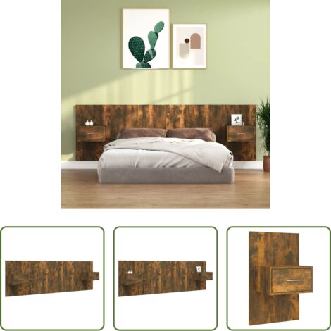 Mesitas de noche -  Cabecero de cama y mesitas madera contrachapada roble ahumado