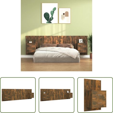 Mesitas de noche -  Cabecero de cama y mesitas madera contrachapada roble ahumado