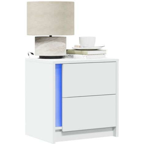 Mesitas de noche con luces LED 2 uds madera ingeniería blanca