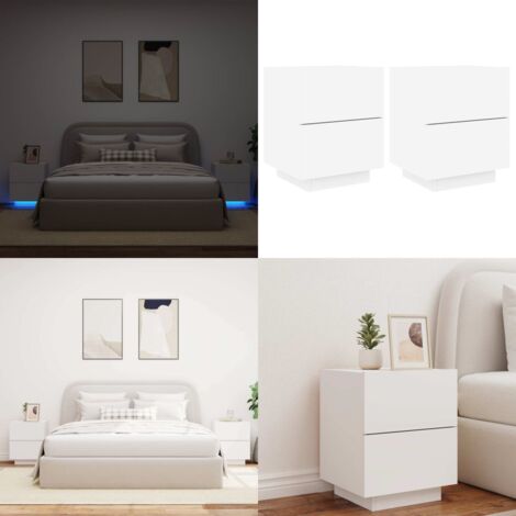 Mesitas de noche con luces LED 2 uds madera ingeniería blanca - Luces LED - Madera de ingeniería