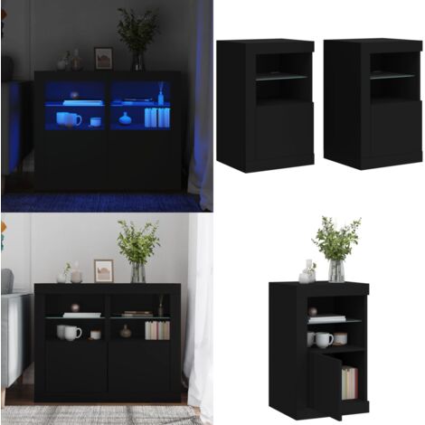 Mesitas de noche con luces LED 2 uds madera ingeniería negra - Luces LED - Armarios auxiliares
