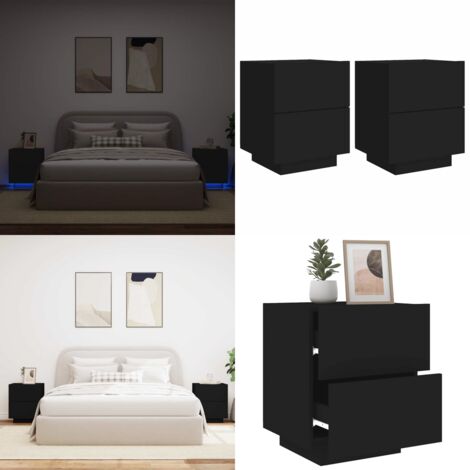 Mesitas de noche con luces LED 2 uds madera ingeniería negra - Luces LED - Madera de ingeniería