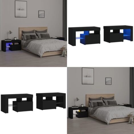 Mesitas de noche con luces LED 2 uds roble negras 70x36,5x40cm - Luces LED - Mesitas de noche con luz