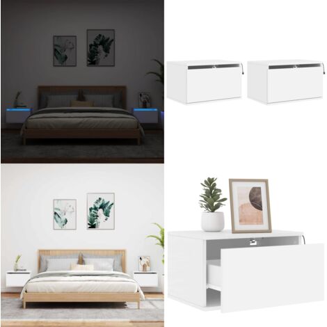 Mesitas de noche de pared con luces LED 2 unidades blanco - Mesita de pared - Luces LED