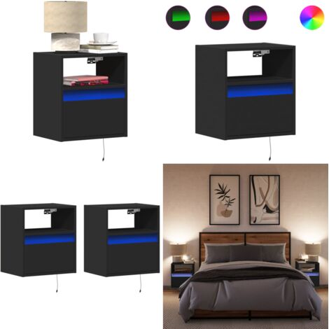 Mesitas de noche de pared con luces LED 2 unidades negro - Mesitas de pared - Luces LED
