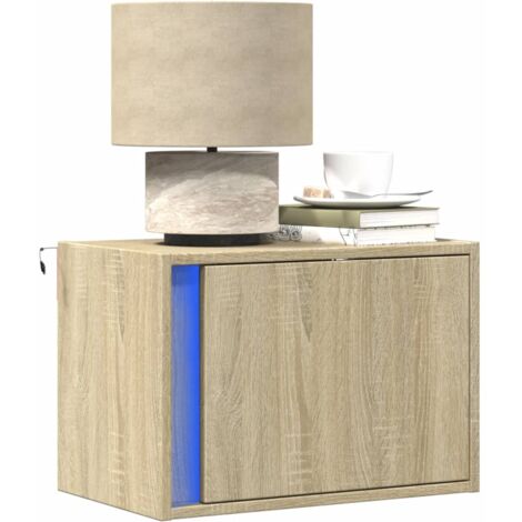 Mesitas de noche de pared con luces LED 2 unidades roble