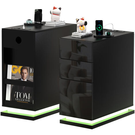 Mesitas de Noche Estrechas, Mesita de Noche con LED, Mesa de Noche Dormitorio, 3 Cajones Mesa Auxiliar con Tira de luz led, Armario de Almacenamiento, Mesa Auxiliar Moderna 50x30x63cm