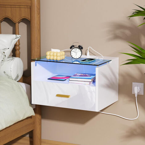 Mesitas de Noche Flotantes, Set de 2, Mesita de Noche LED, 16 Colores LED, Mesa de Noche con Cajón y Estante Abierto, 2 Tomas CA, 2 Puertos USB, Diseño Moderno 42x30x24.5 cm
