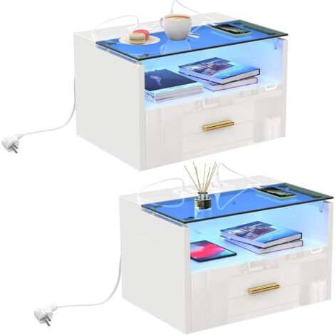 Mesitas de Noche Flotantes,Mesita de Noche LED, 16 Colores LED, Mesa de Noche con Cajón y Estante Abierto, 2 Tomas CA, 2 Puertos USB, Diseño Moderno 42x30x24.5 cm