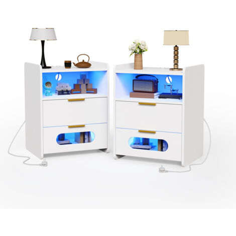 Mesitas de Noche led, Blancas Pack 2, Mesa Auxiliar con 2 Cajones, 2 Tomas CA, 2 Puertos USB, 16 Colores LED, Mesilla de Noche Dormitorio 50x40x64 cm