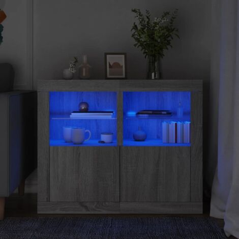 Mesitas de noche luces LED 2 uds madera ingeniería gris