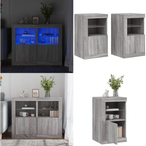 Mesitas de noche luces LED 2 uds madera ingeniería gris Sonoma - Luces LED - Armarios auxiliares