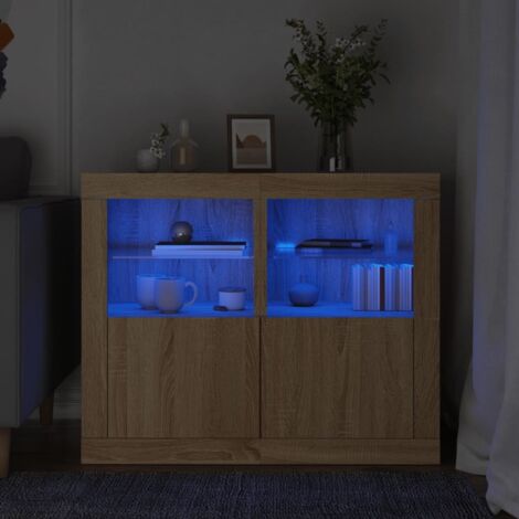 Mesitas de noche luces LED 2 uds madera ingeniería roble