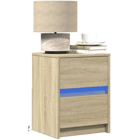 Mesitas de noche luces LED 2 uds madera ingeniería roble