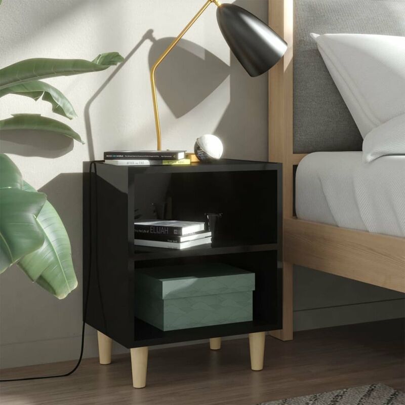 

Mesitas de noche patas madera 2 uds negro brillo 40x30x50 cm